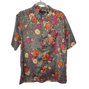 Urban Outfitters Mens Floral Button Front Short Sleeve Shirt L Retro Colorful